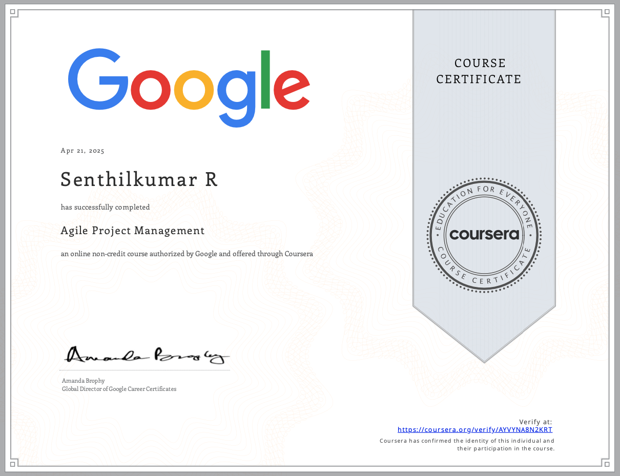 Google Agile Project Management certificate validating Scrum methodology and agile values expertise