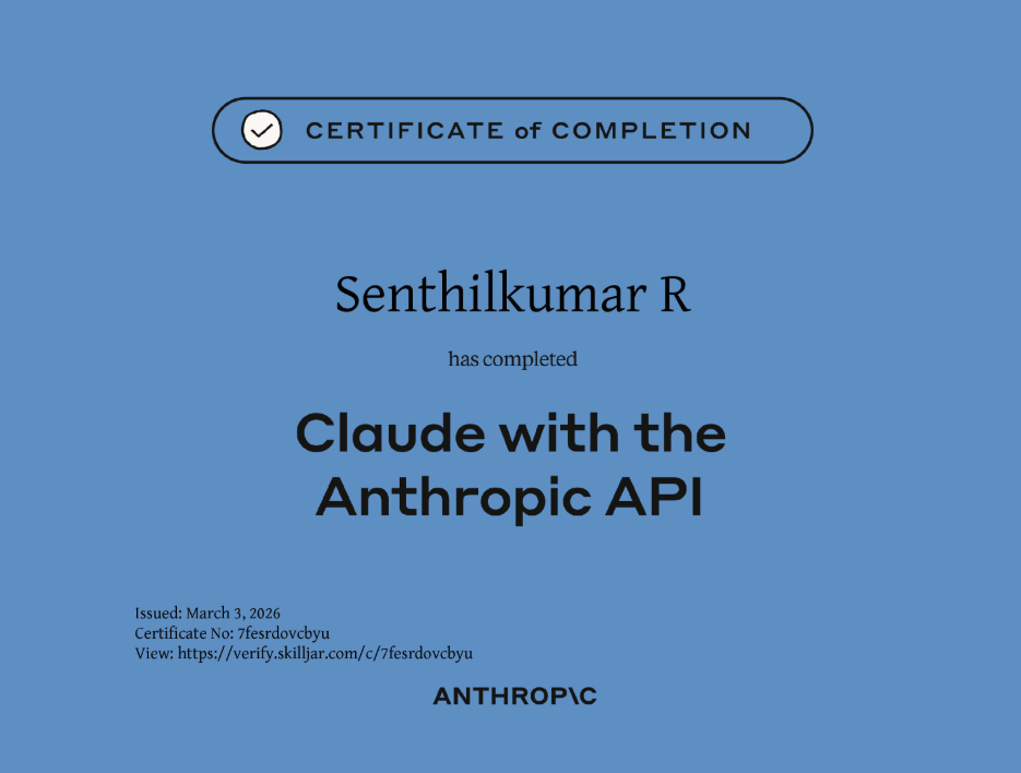 Claude with the Anthropic API certification from Anthropic demonstrating proficiency in AI assistant features and core capabilities