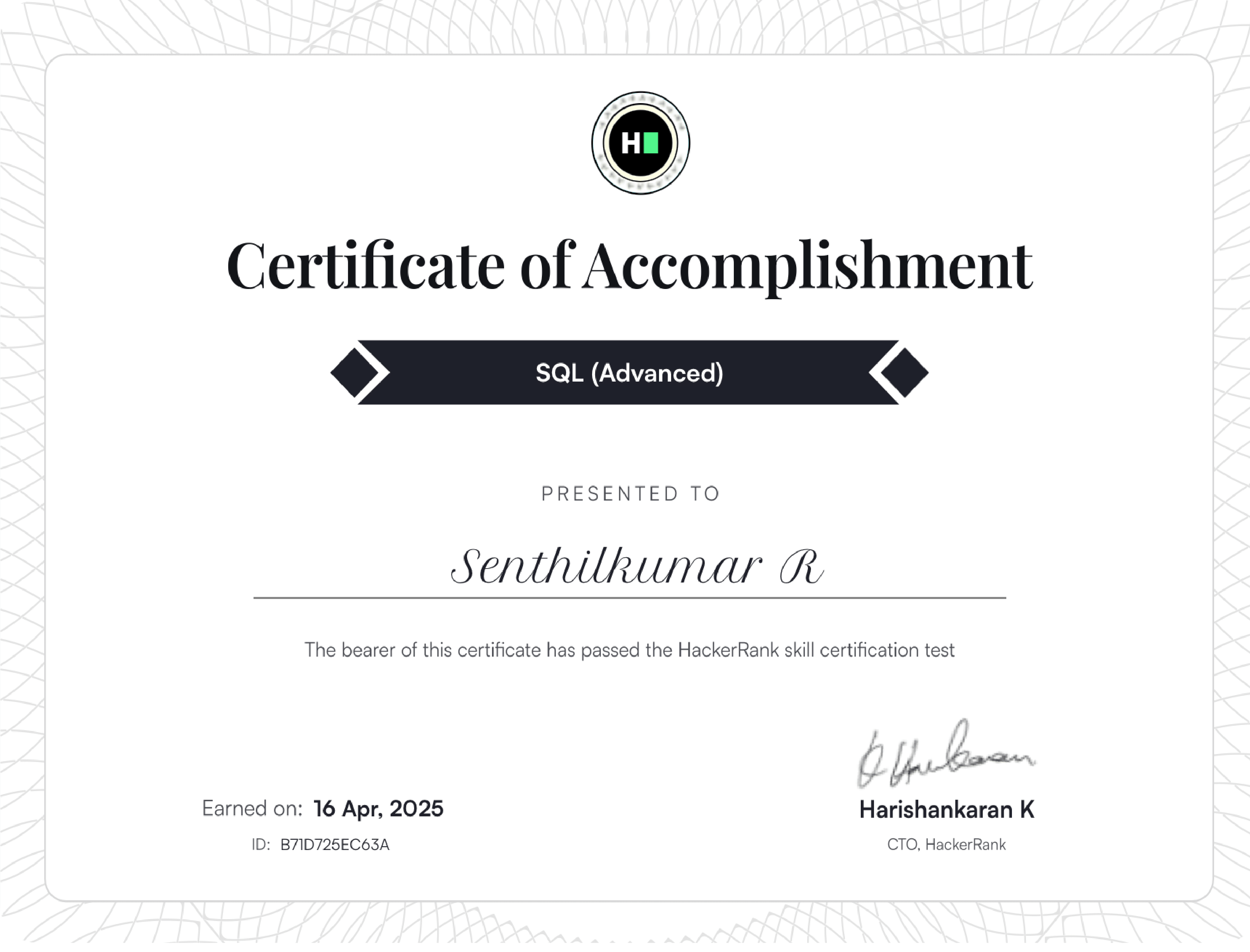 HackerRank SQL Advanced certification proving expertise in query optimization indexing and window functions